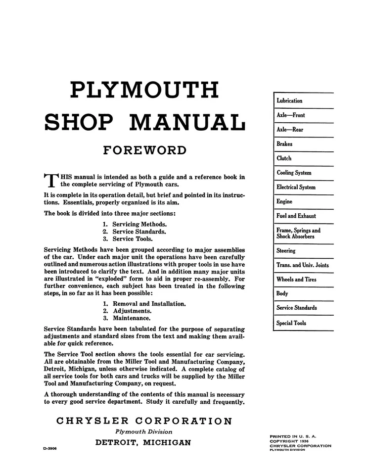 Manual de tienda Plymouth 1937 - códigos P3 - P4 Foto 2 de 3