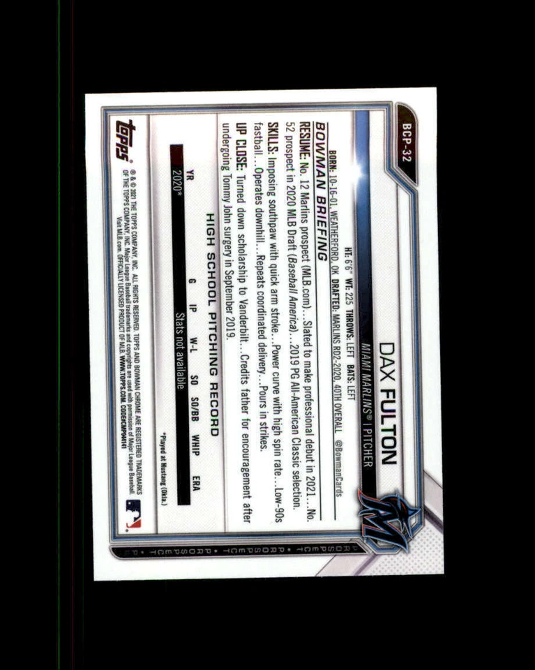 2021 Bowman Chrome Prospects #BCP32 Dax Fulton (ref 164308) - Image 2 of 2