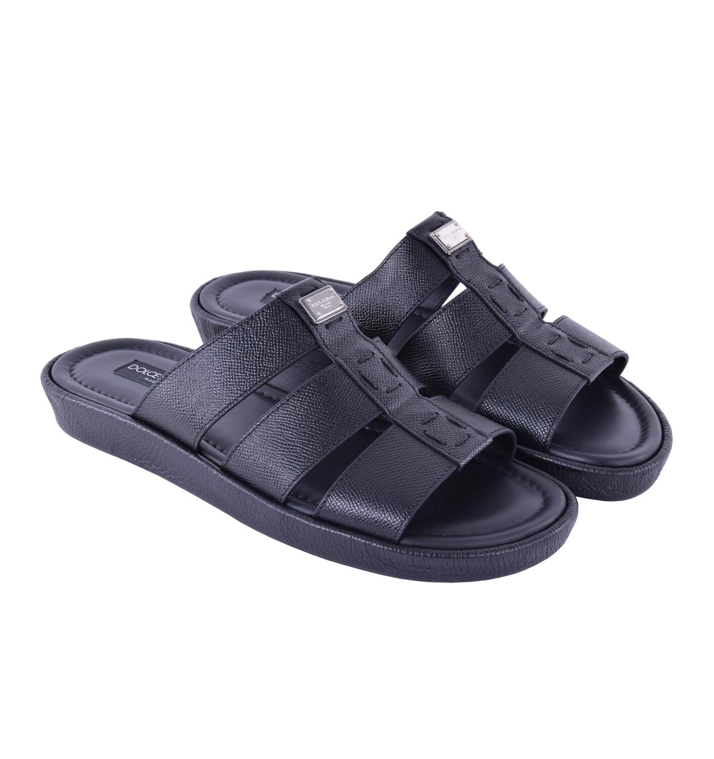 DOLCE & GABBANA Dauphine Leather Sandals MEDITERRANEO with Logo Black 05220