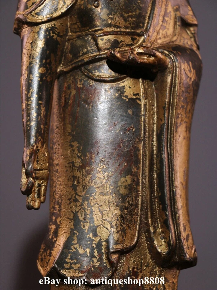 12" Tibet Buddhism Bronze Copper Clay Gold Shakyamuni Amitabha Buddha Statue - Image 3 of 4