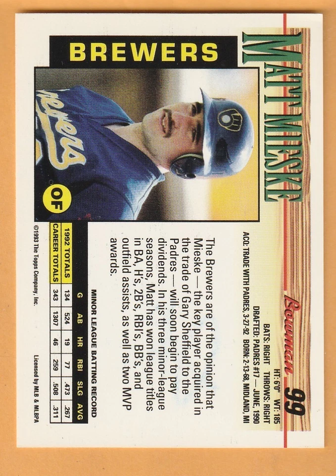Matt Mieske Milwaukee Brewers AUTO Signed 1993 Bowman Western Michigan 11N - Image 2 of 2