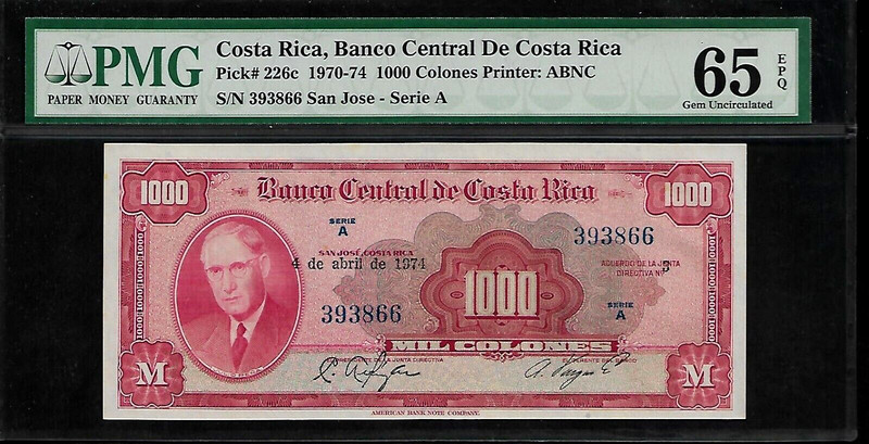 Costa Rica 1000 Colones 1974 PMG 65 EPQ UNC Pick # 226c, Series A Printer ABNC