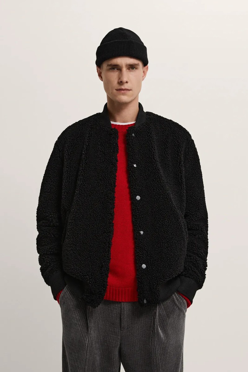 New Zara Fleece Bomber Jacket S Black 8281/409 sweater shirt coat