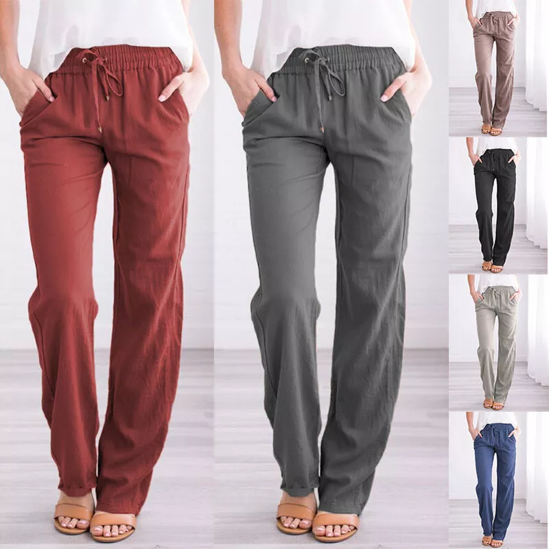 Women's Cotton and Linen Loose Casual Pants Elastic Waist Slim Straight Leg  Pant