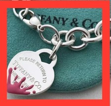 Tiffany  Co. 925 Silver Pink Enamel Splash RTT Heart Tag 7.75" Bracelet pouch 