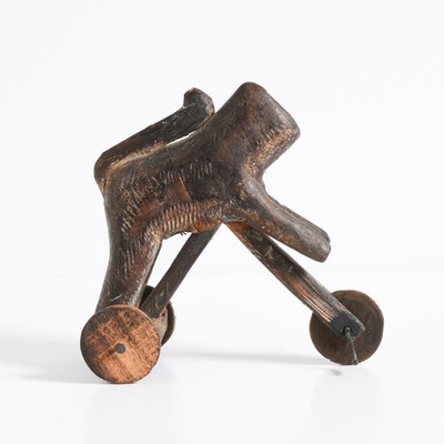 Vintage 5'' a Cat riding a Tricycle wood carving, American Folk Art.