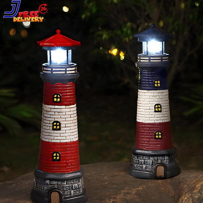 Solar Lighthouse Garden Outdoor Statues Waterproof Lawn Lights Decor Automatic