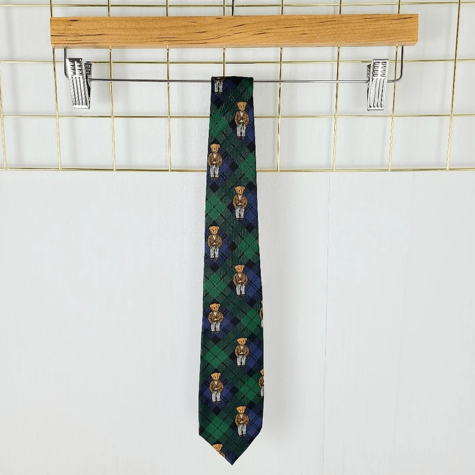 Polo Ralph Lauren Boys Tie Teddy Bear Black Watch Plaid USA Vtg Silk Kids - Image 2 of 4