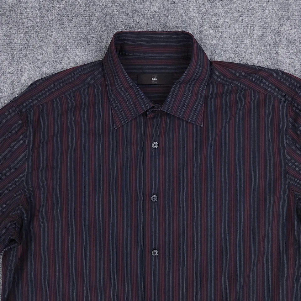 Zegna Dress Shirt Mens XL Black Red Striped Long Sleeve Button Up Cotton - Image 3 of 4