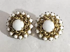Hobe Signed Earrings White Milk Glass Gold Tone 1.125 Round Vintage Clip Ons
