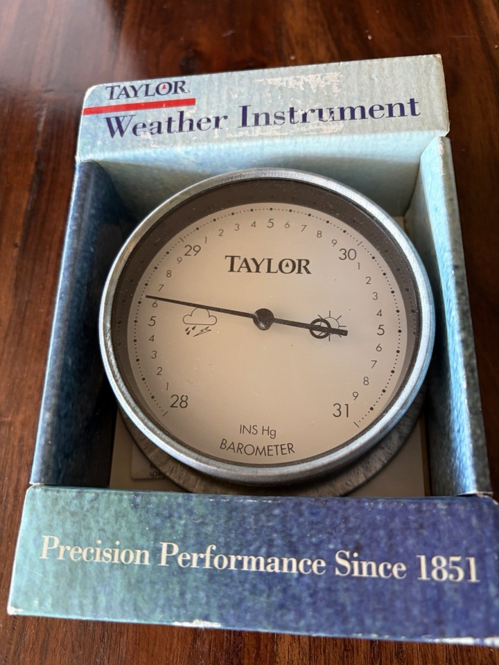 New-old-stock Taylor barometer from the analog-instrument golden age — still sealed, still ready to predict the weather without WiFi.
