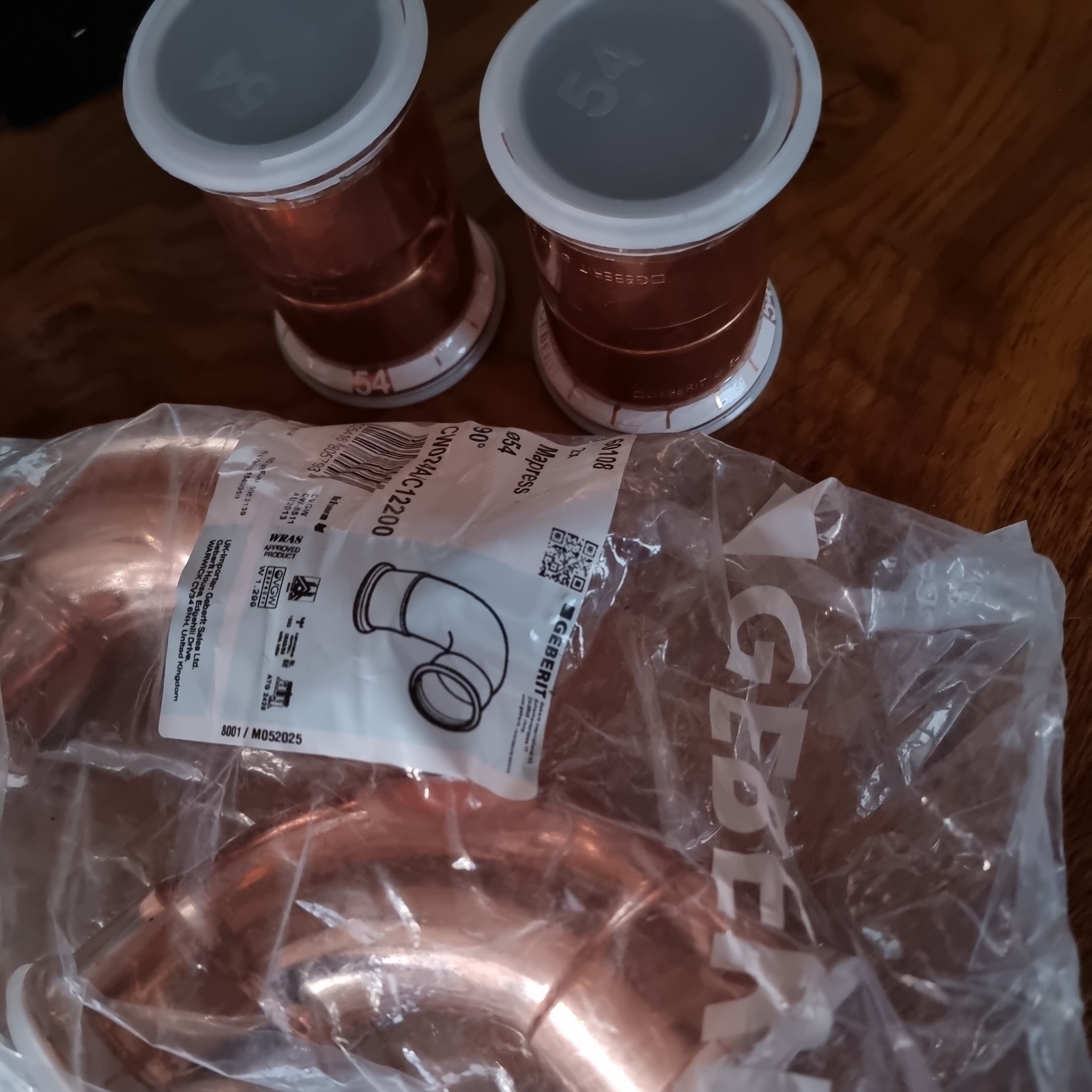 54mm Geberit  maprrss copper couplings x 2 plus + 90° bends x 2