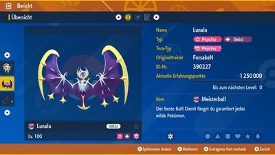   Non-Shiny Lunala |  Lvl 100  | Max6IV/DV | Pokemon Karmesin|Purpur  