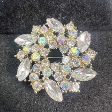 Beautiful Silver Tone AB Rhinestone Marquise  Round Wreath Brooch Pin
