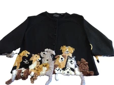 Vintage Michael Simon Women's Black Embroidered Cardigan Multi Color Dogs Size L