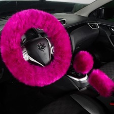 Fuzzy Genuine Sheepskin Steering Wheel Cover Set For Women Parents Hot Pink