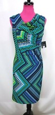 Ellen Tracy Dress Size 6 Womens Blue Green Geometric Cowl Neck Ruched Sleeveless