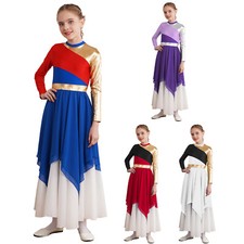 Kids Girls Long Sleeve Praise Dance Dress Lyrical Dancewear Celebration Costume