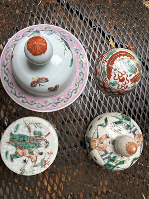 4 Chinese Antique Porcelain Lids for Jar Vase, Qing Dynasty