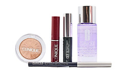 NIB 5 Pcs Clinique Set Gold Highlighter,Mascara,Black honey lipstick, Eyeliner