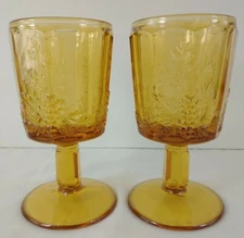 2 LG Wright Paneled Grapes Amber Stem 6 Inch 8 oz Wine Glass Goblet EAPG