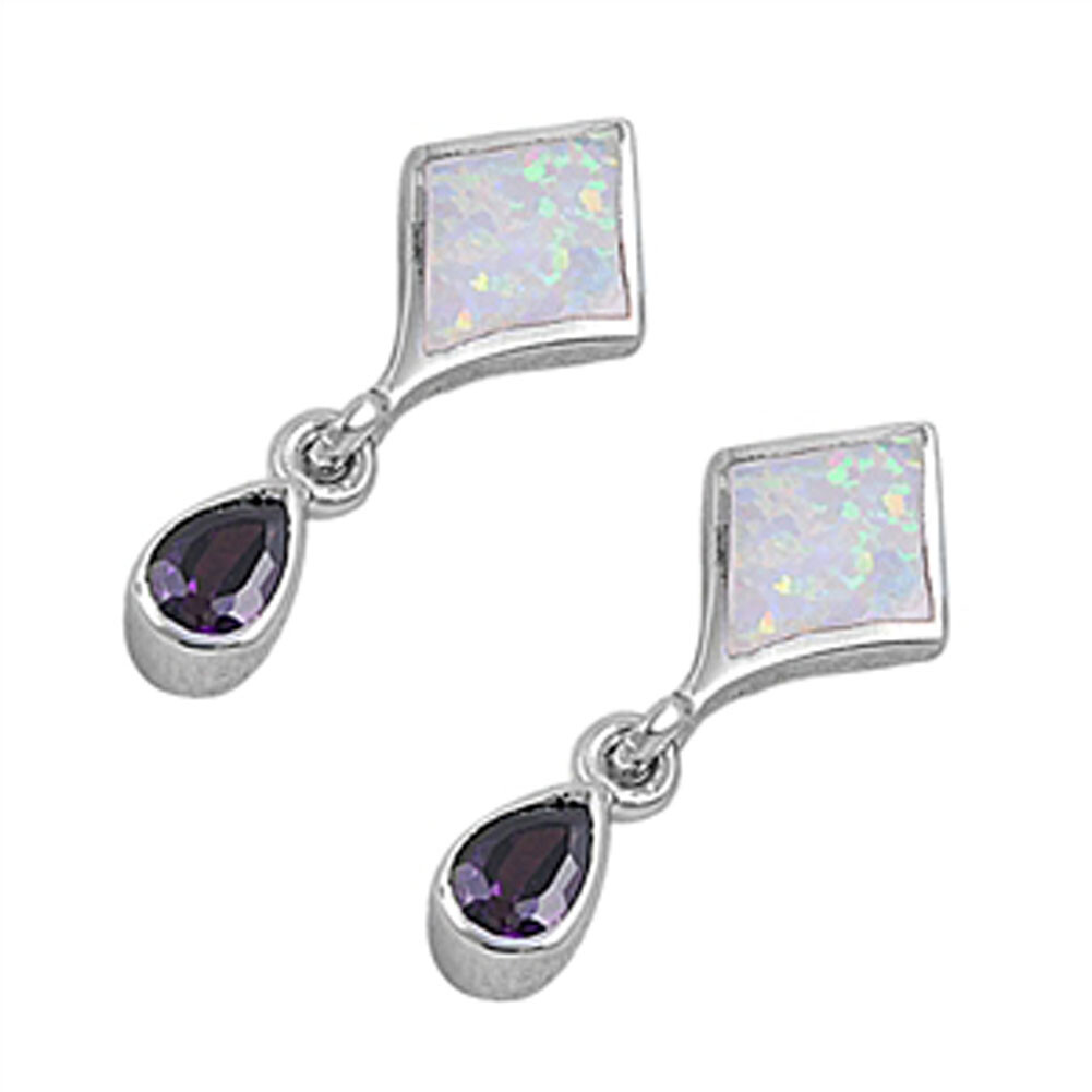 Teardrop Hanging Earrings with Purple White Lab Opal in .925 Sterling Silver