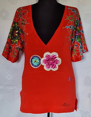 BLOUSE VINTAGE AUTHENTIC DESIGUAL FLORAL ART LOGO RED COTTON BLEND US M 1O EU 38