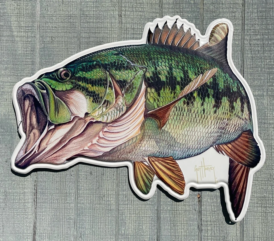 Новый! Металлический знак Guy Harvey БОЛЬШОЙ РОТ БАС, 24 дюйма x 20 дюймов - домик для рыбалки на озере - Изображение 2 из 4