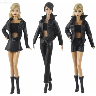 Schwarze Lederkleidung für Barbiepuppe Kurze Jacke Rock Top Stiefel Outfits 1/6