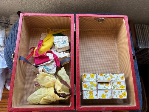 Vintage Ding Dong School Case Trunk Red Faux Alligator with homemade clothing