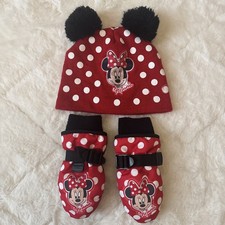 Kids Disney Minnie Mouse Red White Polka Dot Pom Pom Hat  Mittens Gloves XS 2-5
