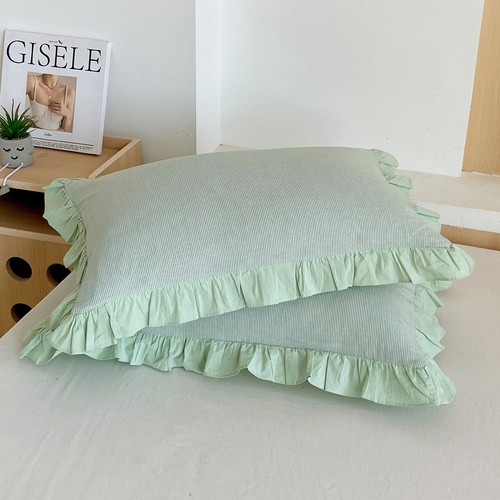 Home Washed Cotton Pillowcase 48x74cm Bedding Stripe Pillow Cover Ruffled 1 Pair - Picture 36 of 38