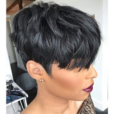 Yviann Human Hair Short Wigs Pixie Cut Wigs with Bangs Short Black Layered
