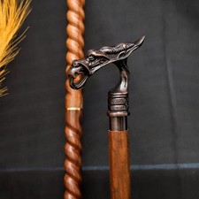 Vintage Dragon Head Aluminum Handle Wooden Walking Cane Victorian Gift for Men