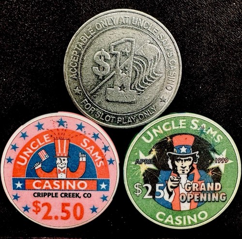 Uncle Sam’s Casino $2.50 & $25 “Grand Opening” Chips and $1 Slot Token, Colorado
