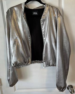 Zara Women s Metallic Silver Bomber Jacket Full Zip Pockets Long Sleeve XL