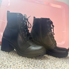 Women’s Black Faux Leather Lace-Up Ankle Booties Side Zip Lug Sole Round Toe