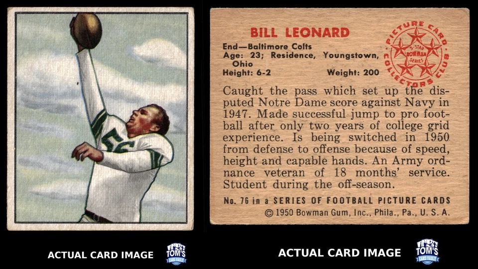 1950 Bowman #76 BILL LEONARD Baltimore Colts RC EX - Image 3 of 4