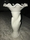 Antique WESTMORELAND White MILK GLASS 3D Hand Holding VASE w/ Ruffled Top 8"Tall