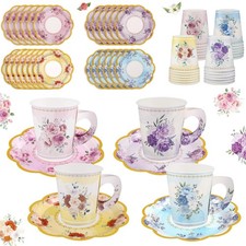 24 Sets Disposable Paper Tea Cups 7 OZ Floral Tea Party Cups with Handle and ...