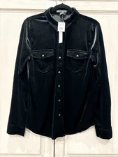 Sanctuary Womens Sz Large Blouse Black Snap Up Crushed Velvet Dressy Goth Velour