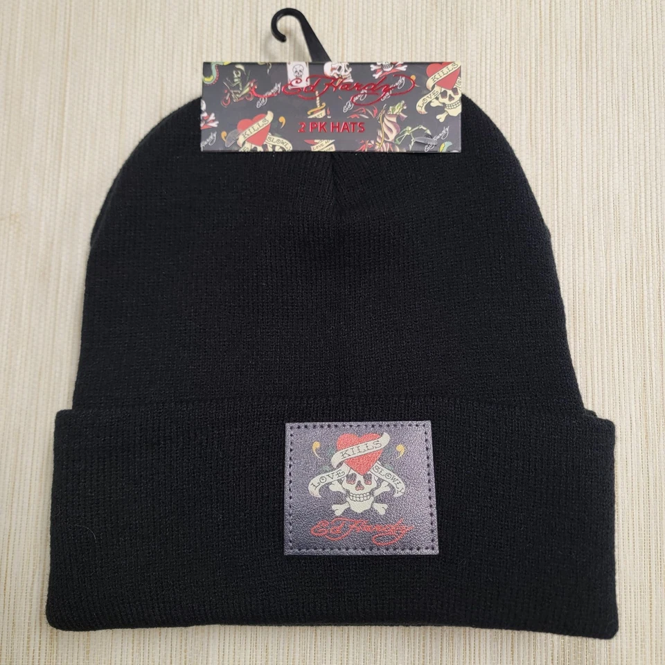 ED HARDY 2-Pack Beanie Hats Skull New York City Graphic Logo Black White Knit - Image 2 of 4