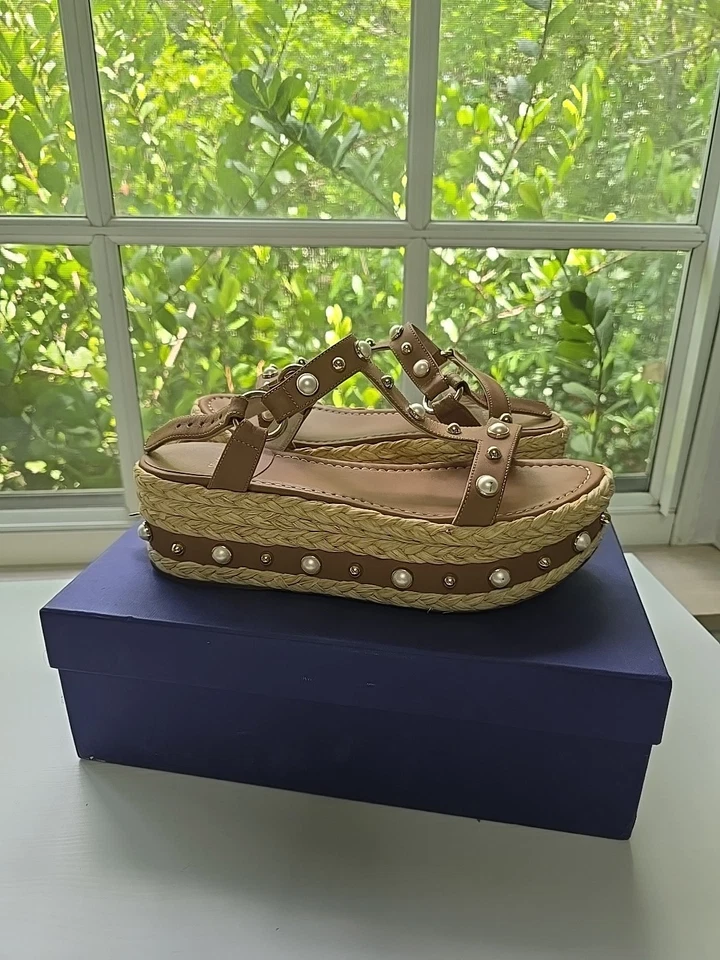 Stuart Weitzman Beraffia Miel Vachetta Leather Tan Pearls Wedge Platform Sz 8 - Image 4 of 4