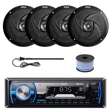 Pyle Marine Bluetooth Receiver, 4x 8'' 320W Black Boat Speakers, Wire, Antenna