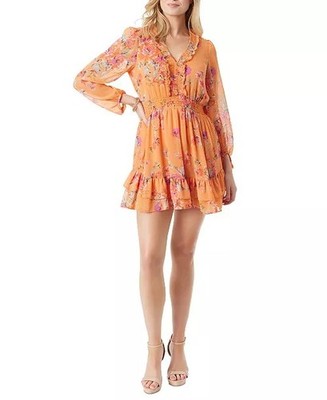  Jessica Simpson Vibrant Orange Floral Long Sleeve Tiered Ruffled Dress