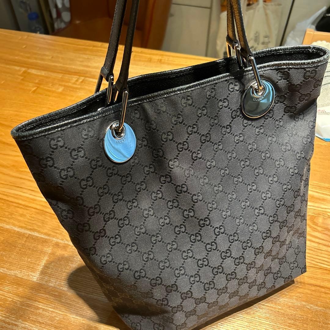 GUCCI Canvas Tote Bag Women Black Silver Hardware Durable Authentic