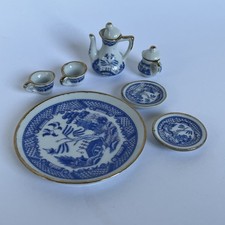 Antique Miniature Ceramic Tea Set 9 pcs BLUE WILLOW Blue White w/Gold Trim