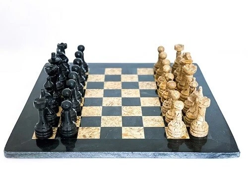 Large Marble Chess Set- Black and White Coral with Fancy Chess Pieces-  White Border- 16