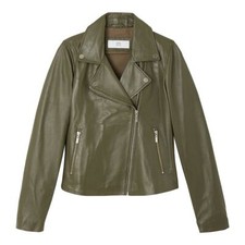 La Redoute Real Leather Jacket Khaki Green Size 6/8 Fitted Biker Rrp £145 New
