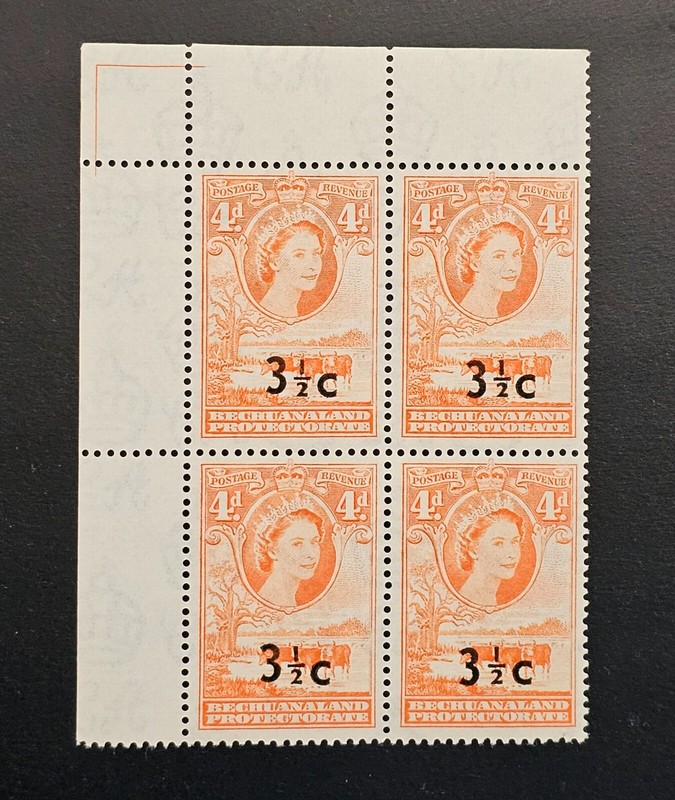 BECHUANALAND PROTECTORATE 1961 QEII SG 161a 3½c OVPT on 4d BLOCK STAMPS Cat £80+